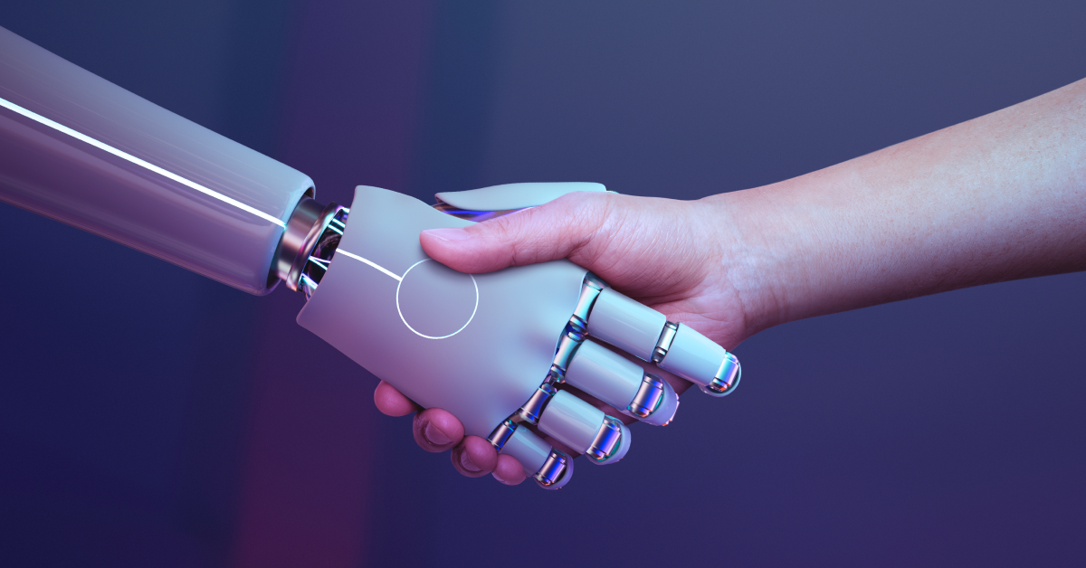 Visualization of AI and humans handshake integrated into partnership